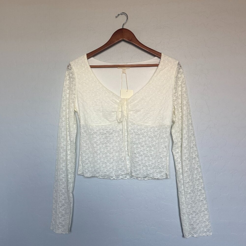 See You Monday Lace Sleeve Crop Top with V-neck and Bow